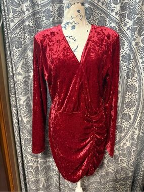 Crushed Red Velvet Ruched Long Sleeve bodycon Wrap Dress -Betsey Johnson (XL)
